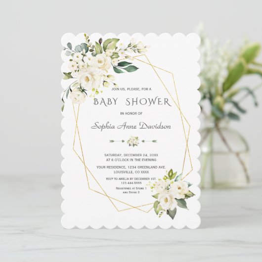 Invitation Charme Fleurs blanches Baby shower cadre or (Debout devant)