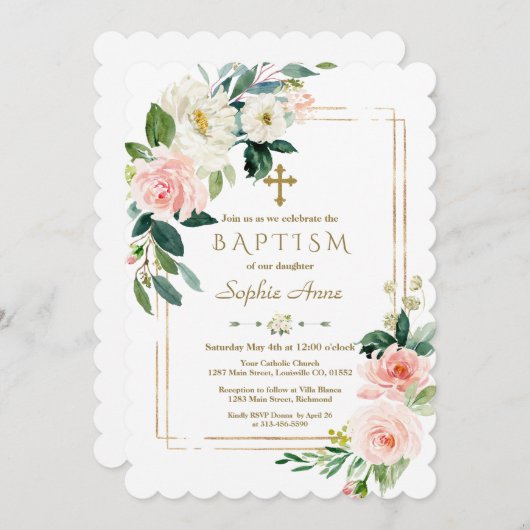 Invitation Charme Fleurs Blanches Fleur Fleur Or Croix Baptêm (Devant / Derrière)