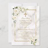 Invitation Charme Fleurs blanches Or Première Communion saint (Devant)