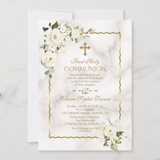 Invitation Charme Fleurs blanches Or Première Communion saint (Devant)