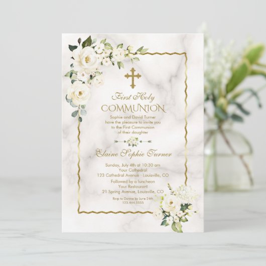 Invitation Charme Fleurs blanches Or Première Communion saint (Debout devant)