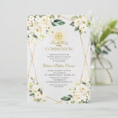 Invitation Charme Fleurs blanches Or Première Communion saint (Debout devant)