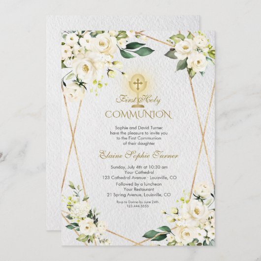 Invitation Charme Fleurs blanches Or Première Communion saint (Devant / Derrière)