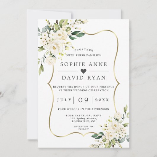 Invitation Charme Fleurs Blanches Or Tout en un Mariage (Devant)