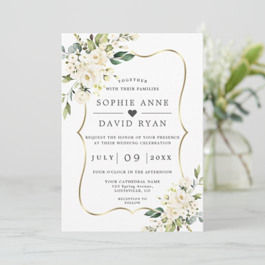 Invitation Charme Fleurs Blanches Or Tout en un Mariage (Debout devant)