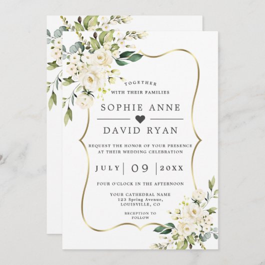Invitation Charme Fleurs Blanches Or Tout en un Mariage (Devant / Derrière)
