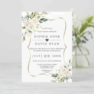 Invitation Charme Fleurs Blanches Or Tout en un Mariage