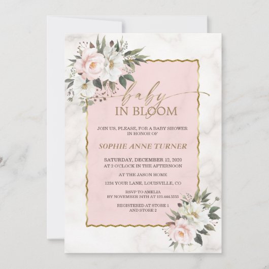 Invitation Charme Fleurs roses blanches Bébé or en fleurs (Devant)