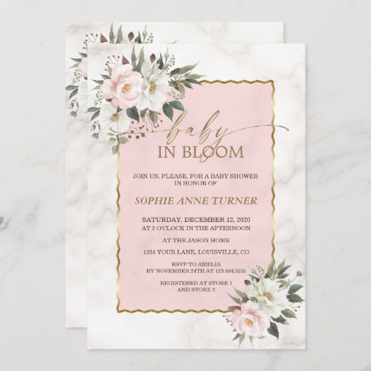 Invitation Charme Fleurs roses blanches Bébé or en fleurs (Devant / Derrière)
