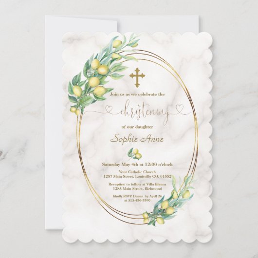 Invitation Charme Fruits de citron Marbre Calligraphie Christ (Devant)