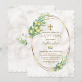 Invitation Charme Fruits de citron Marbre Croix d'or Baptême (Devant / Derrière)