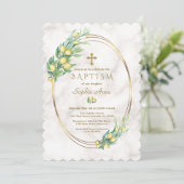 Invitation Charme Fruits de citron Marbre Croix d'or Baptême (Debout devant)