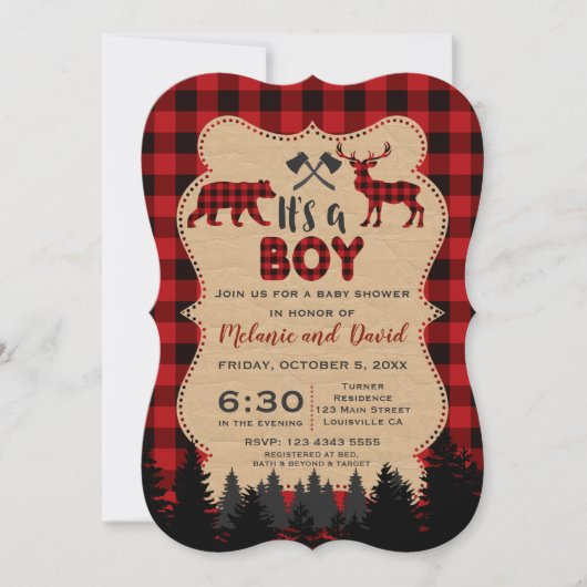 Invitation Charme Lumberjack Petit Hunter Baby shower (Devant)