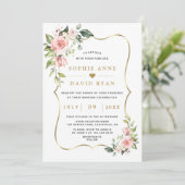 Invitation Charme Luxe rose Fleurs blanches Mariage or (Debout devant)