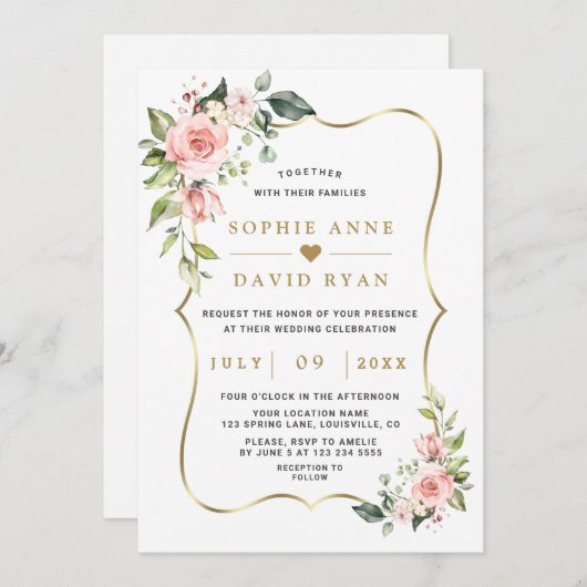 Invitation Charme Luxe rose Fleurs blanches Mariage or (Devant / Derrière)