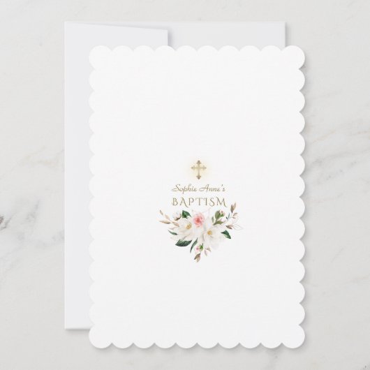 Invitation Charme Magnolia Blanc Rose Or Floral Baptême (Dos)