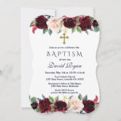 Invitation Charme Merlot Marine Bleu Floral Baptême (Devant)