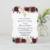 Invitation Charme Merlot Marine Bleu Floral Baptême (Debout devant)