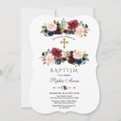 Invitation Charme Merlot Marine Bleu Floral Baptême (Devant)