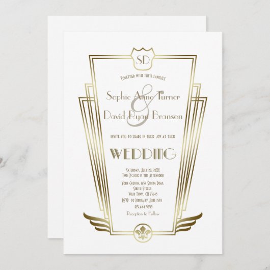 Invitation Charme Monogram Gold Art Déco Mariage blanc (Devant / Derrière)
