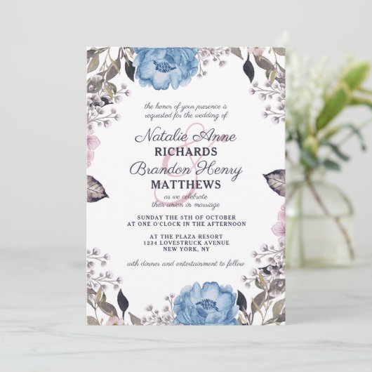 Invitation Charme Parisien Fleurs Bleues et Roses Bordure Mar (Debout devant)