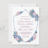 Invitation Charme parisien Mariage bleu & rose Floral Crest (Devant)
