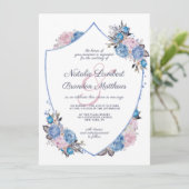 Invitation Charme parisien Mariage bleu & rose Floral Crest (Debout devant)