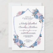 Invitation Charme parisien Mariage bleu & rose Floral Crest (Devant)