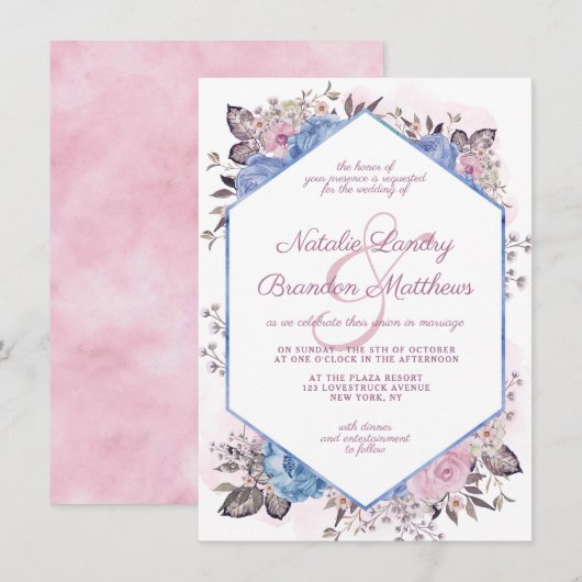 Invitation Charme parisien Mariage Floral bleu & rose (Devant / Derrière)