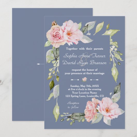 Invitation Charme rose Floral Dusty Blue Mariage (Devant / Derrière)
