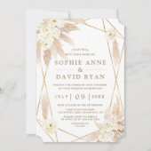 Invitation Charme Roses Blanches Pampas Grass Mariage Or (Devant)