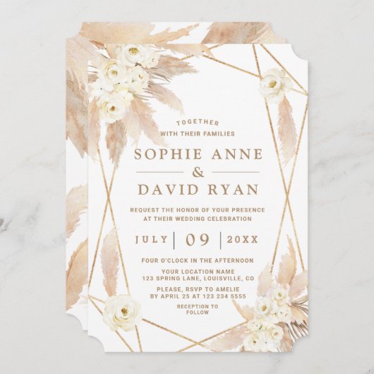 Invitation Charme Roses Blanches Pampas Grass Mariage Or (Devant / Derrière)