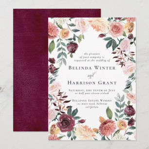 Invitation Charme rustique Bourgogne Blush Jardin Floral Mari
