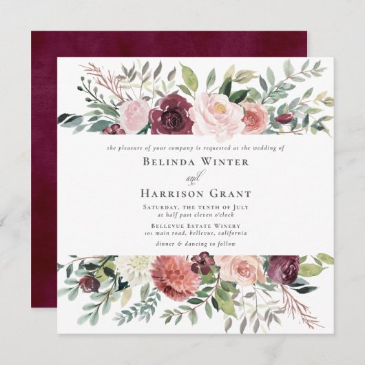 Invitation Charme rustique Bourgogne Blush Rose SQ Floral Mar (Devant / Derrière)