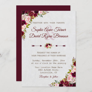 Invitation Charme Rustique Bourgogne Marsala Floral Mariage