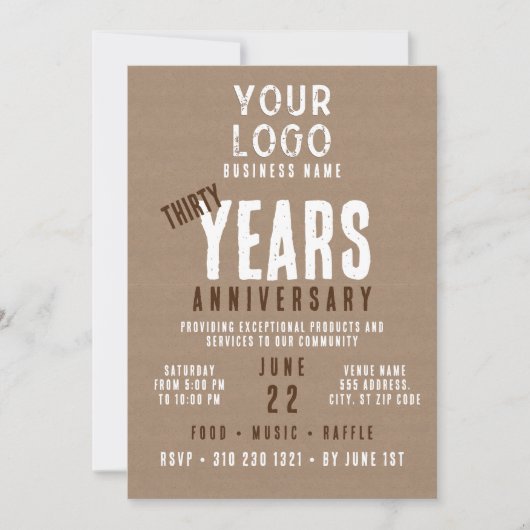 Invitation Charme rustique Logo d'entreprise 30 ans Anniversa (Devant)