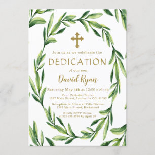 Invitation Charme Verdure Feuille Wreath Gold Boy Dedication