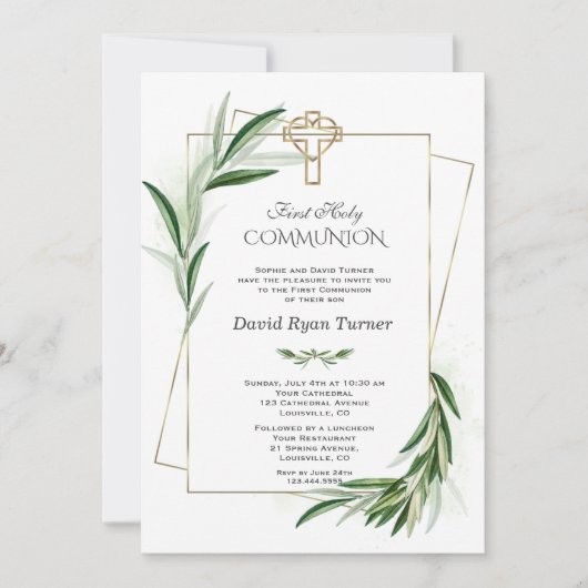 Invitation Charme Vert Olivier Feuille Or Première Communion (Devant)