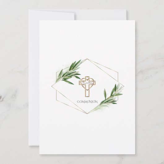 Invitation Charme Vert Olivier Feuille Or Première Communion  (Dos)