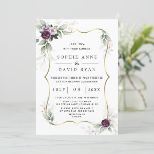 Invitation Charme vert violet rose Mariage Floral or