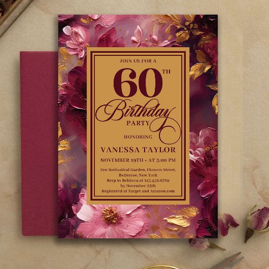 Invitation Charming 60th Birthday Burgundy Roses Gold Invite