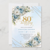 Invitation Charming 80th Birthday Invite Dusty Blue Flowers (Devant)