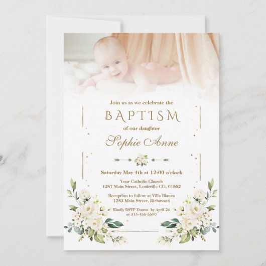 Invitation Charming Aquarelle Fleurs blanches Photo Baptême (Devant)