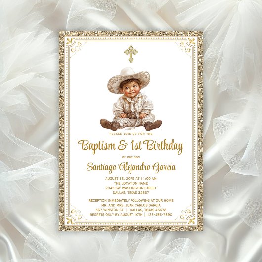 Invitation Charming Baby Charro Gold Baptême & Anniversaire I