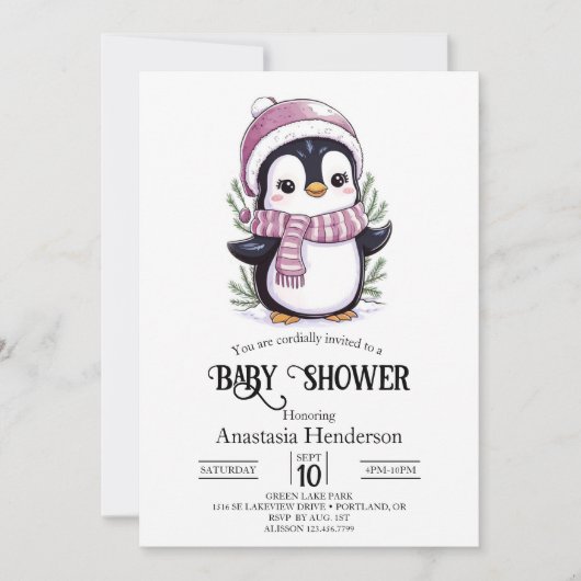 Invitation Charming Baby shower mystique de pingouins (Devant)