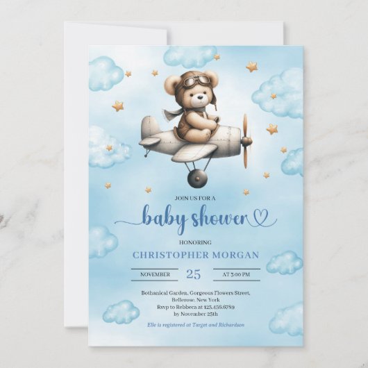 Invitation Charming Blue Brown Teddy Bear Pilot Baby Shower (Devant)