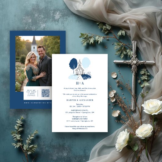 Invitation Charming Blue Church Christian Wedding