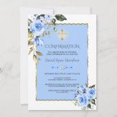 Invitation Charming Blue Flowers Gold Cross Boy Confirmation (Devant)