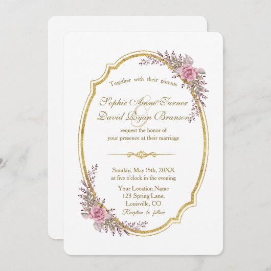 Invitation Charming Blush Floral Gold Frame Mariage Invitatio (Devant / Derrière)