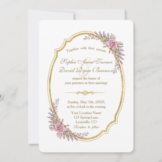 Invitation Charming Blush Floral Gold Frame Mariage Invitatio (Devant)